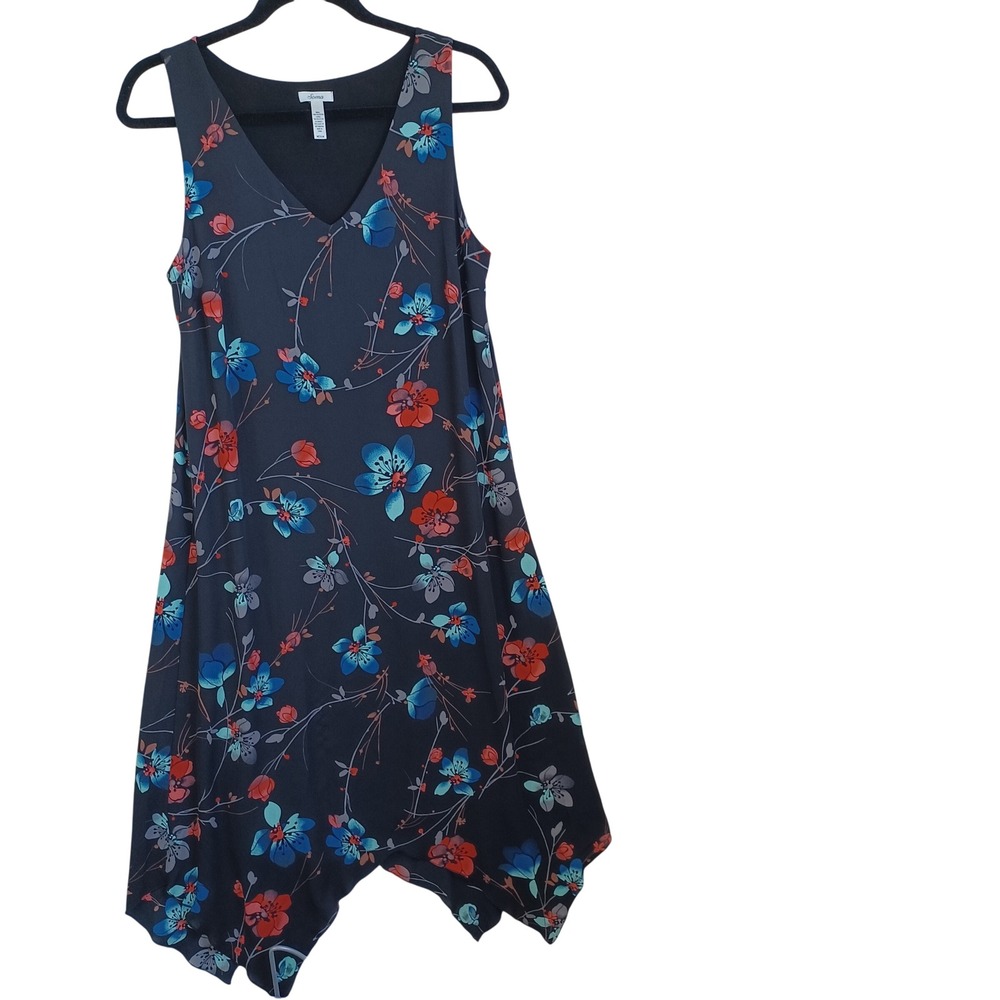 Soma Womens Floral V-Neck Sleeveless Sharkbite Hem Midi Shift Dress Black Medium